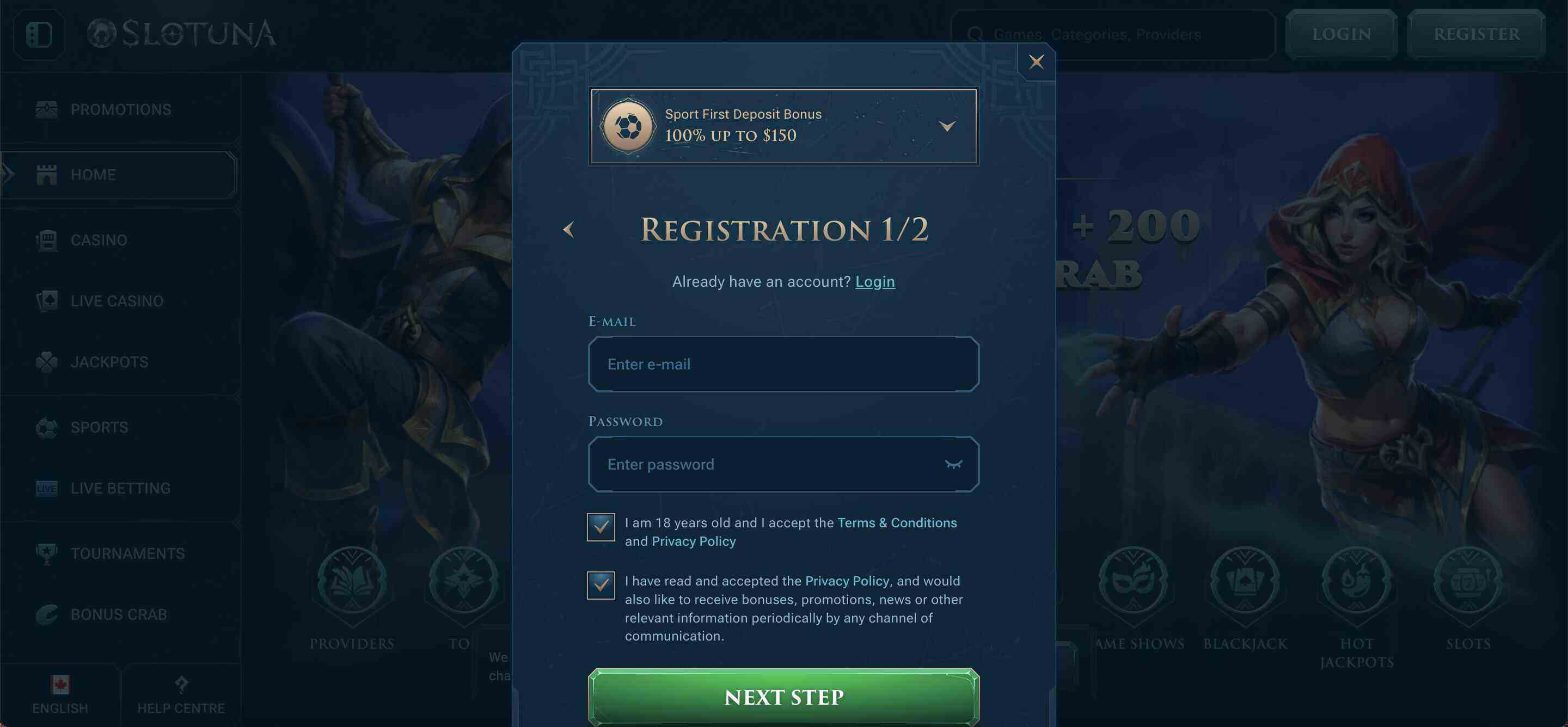Captura de pantalla del formulario de registro de Slotuna Casino, mostrando los campos de email, contraseña y botón de confirmación.