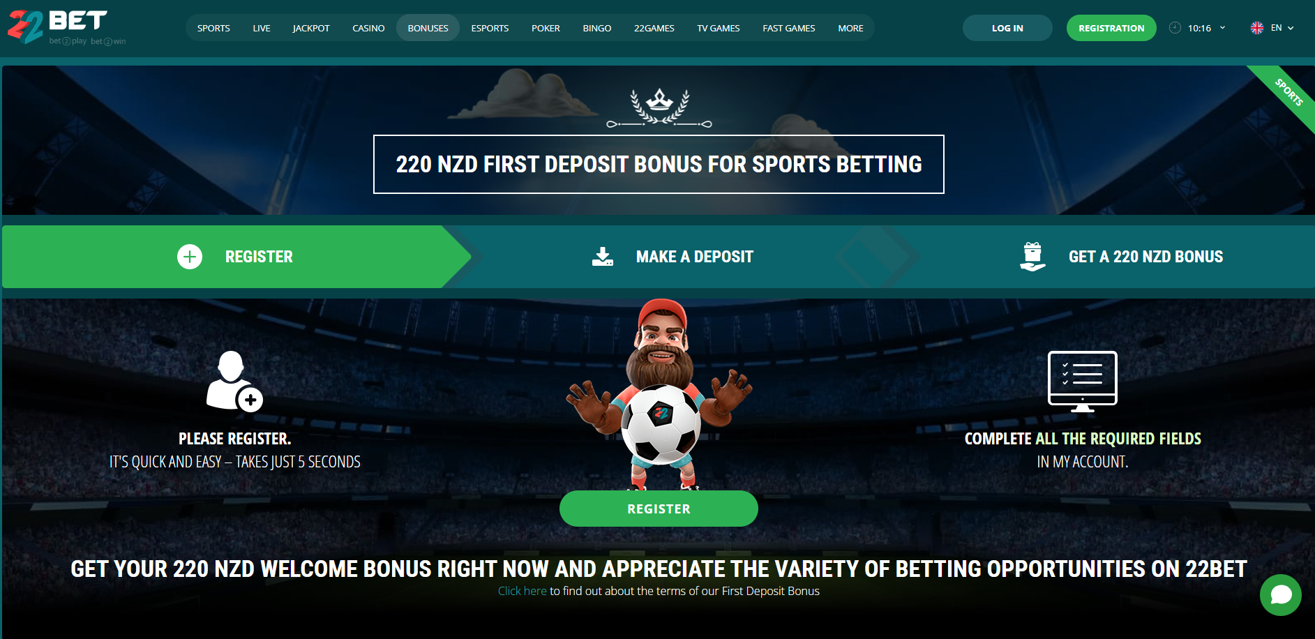 Screenshot del bonus 22bet su dispositivo mobile