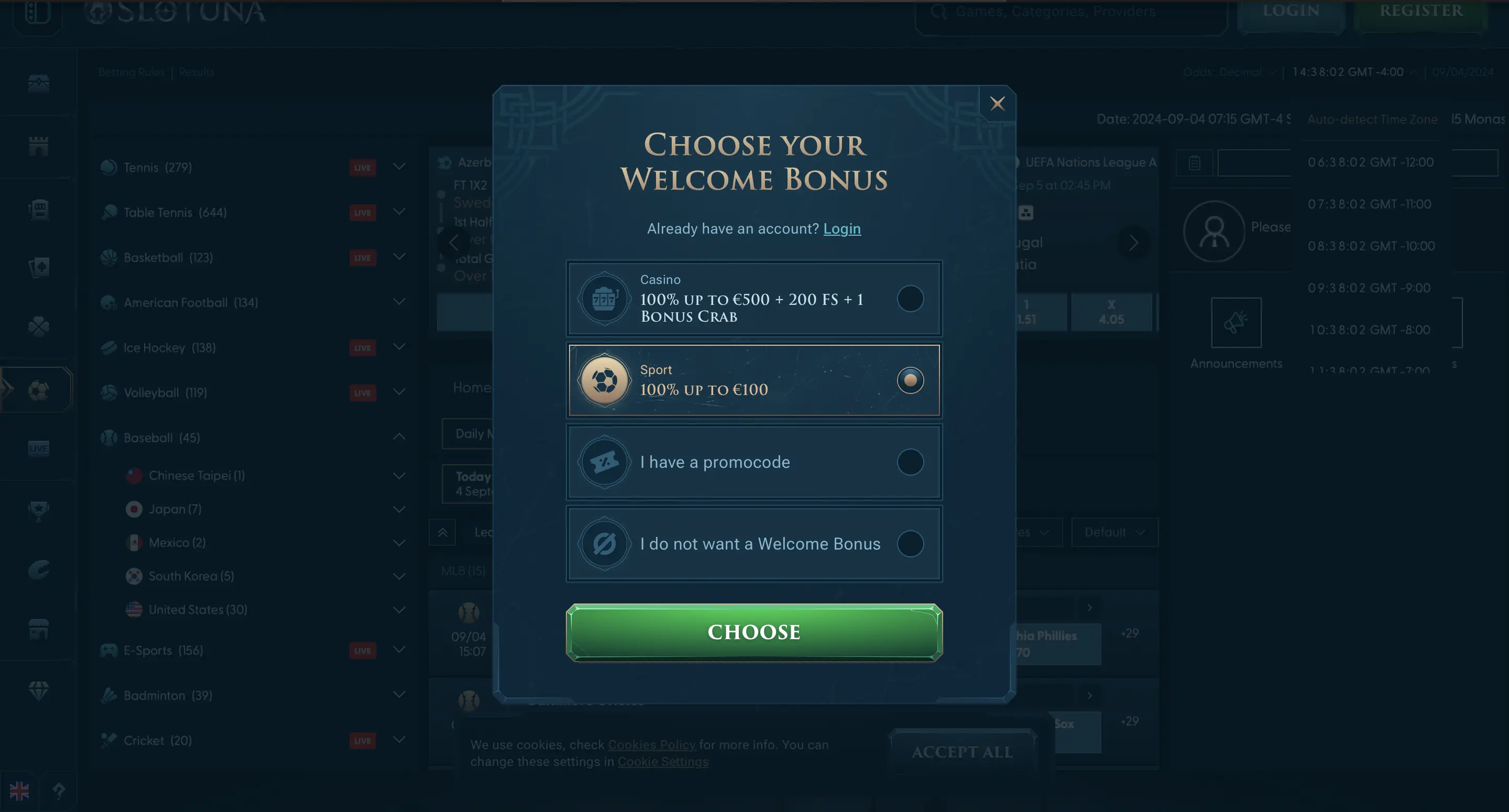 Interfaz de Slotuna Casino