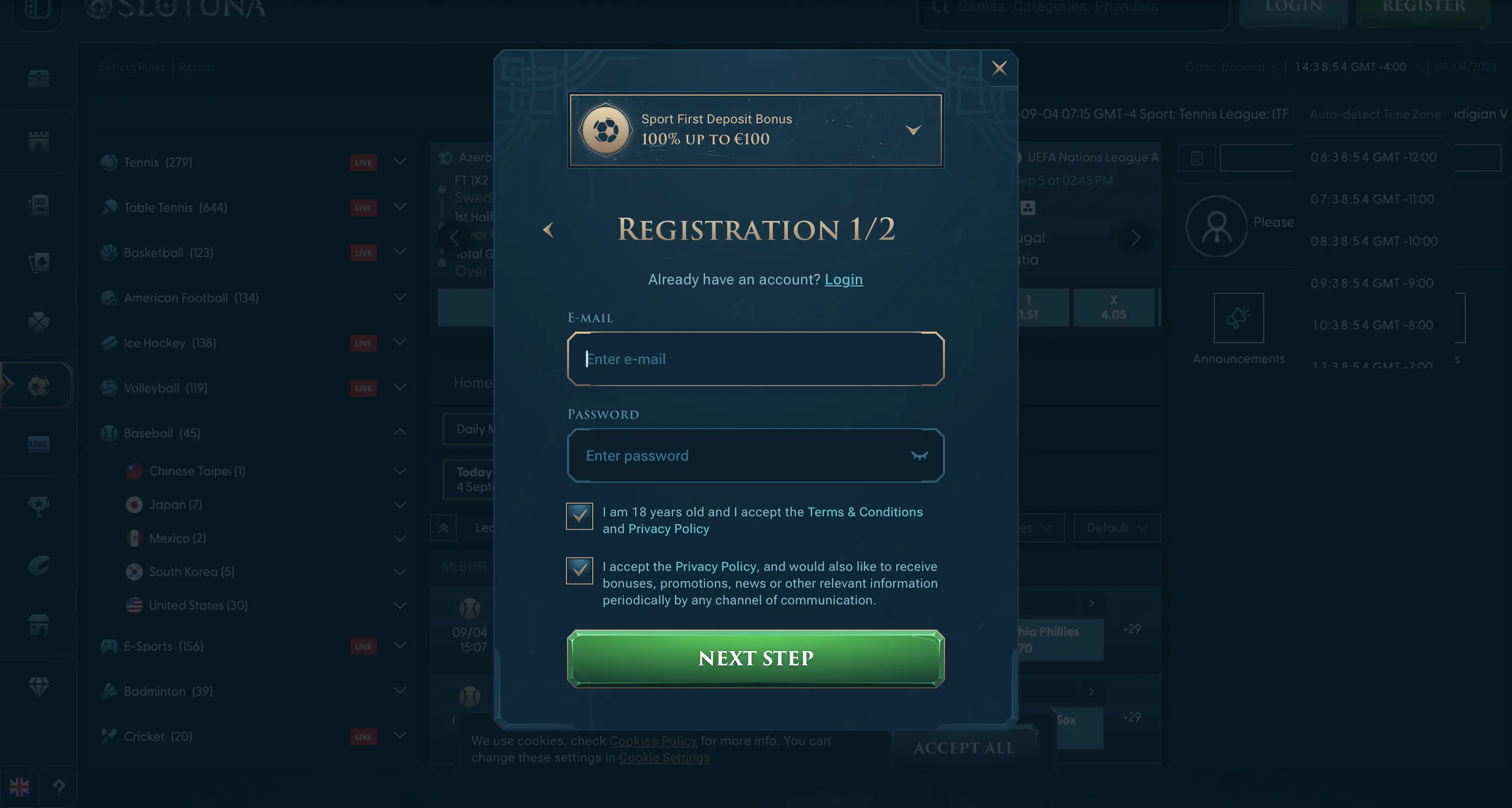 Interfaz de login de Slotuna app mostrando campos de entrada