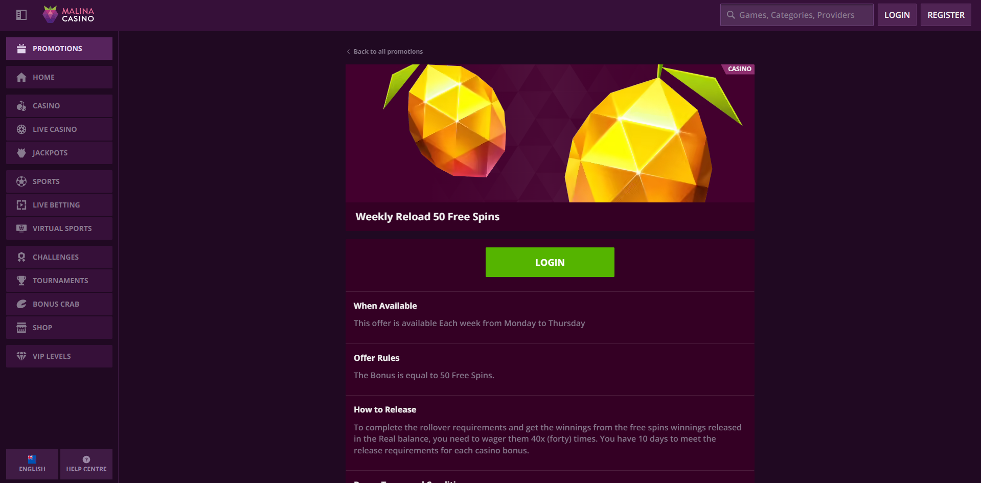 Interface do Malina Casino