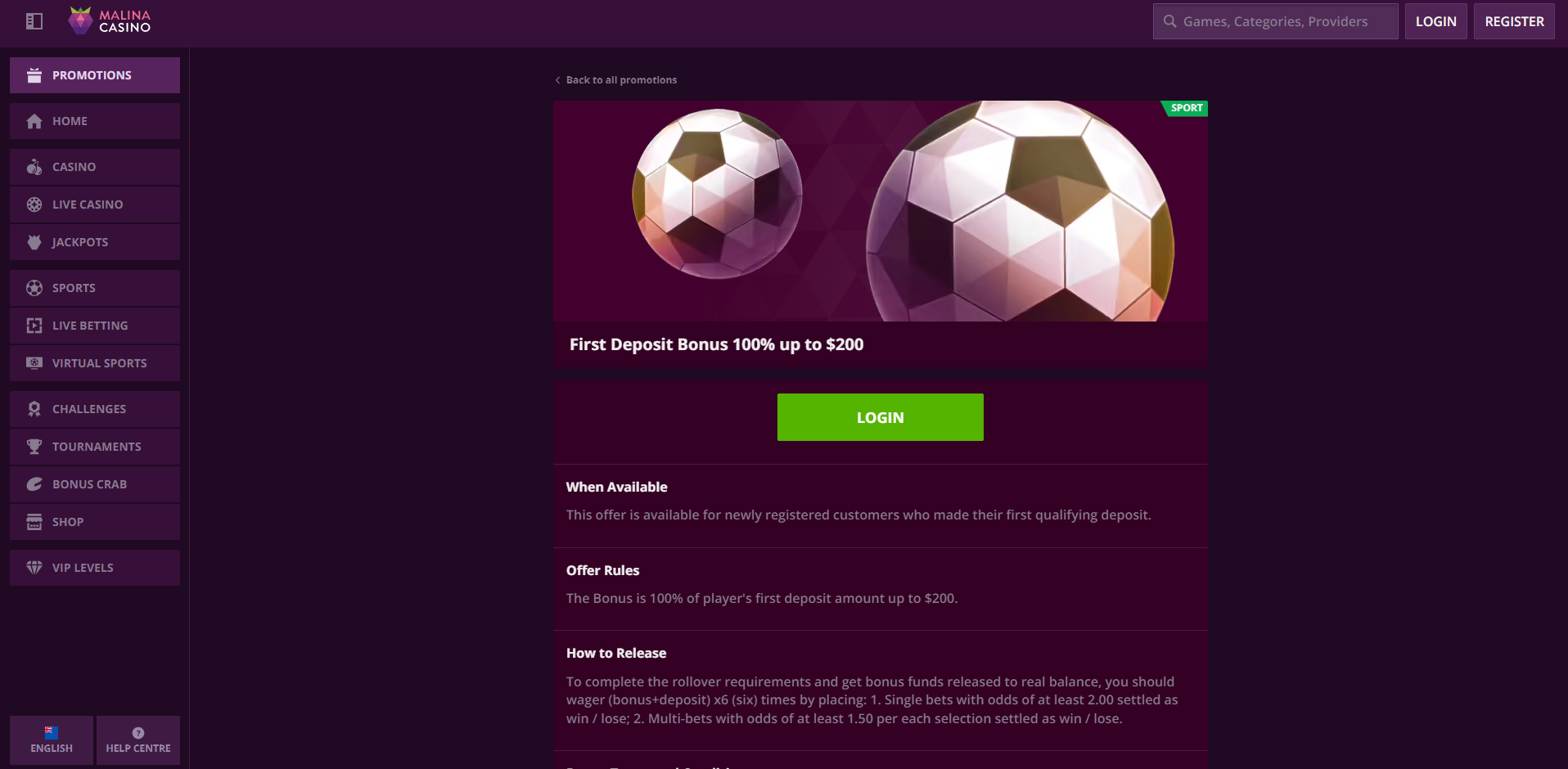 Interfaz de inicio de sesión y registro de Malina Casino