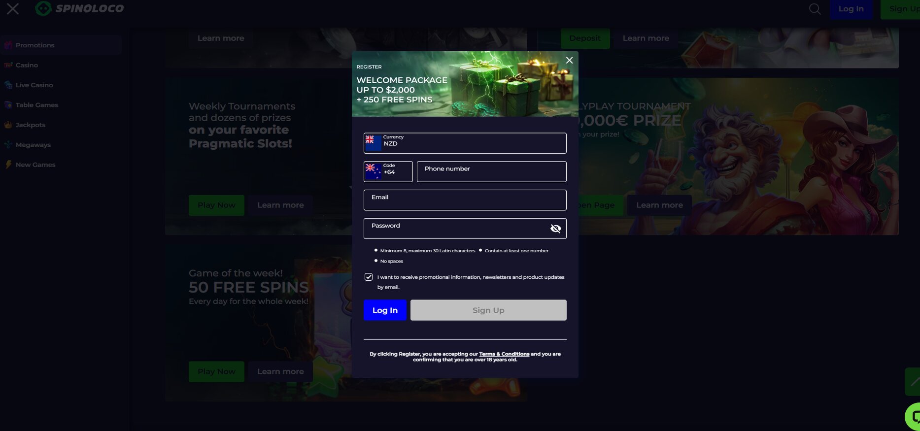 Spinoloco Casino Signup Interface